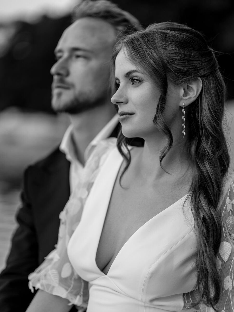 Couple walking through urban Berlin on their wedding day
